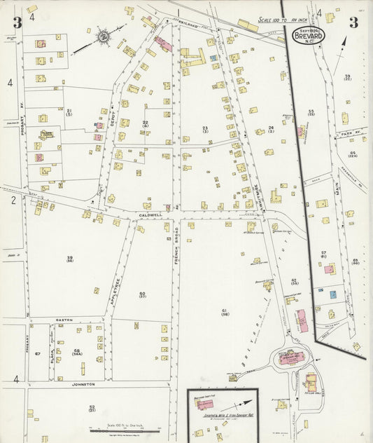 Sanborn Fire Insurance Map from Brevard, Transylvania County, North Carolina (1924), Sheet #0003 - Historic Sanborn Fire Insurance Map Print, vintage old map wall art, antique decor, genealogy gift, North Carolina North Carolina map