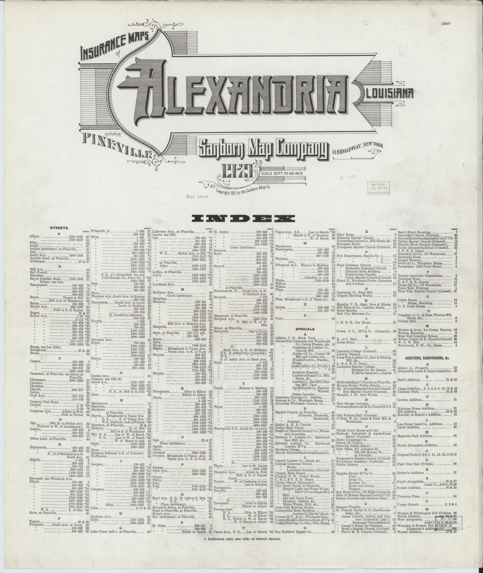 Sanborn Fire Insurance Map from Alexandria, Rapides Parish, Louisiana (1921), Sheet #0001 - Historic Sanborn Fire Insurance Map Print, vintage old map wall art, antique decor, genealogy gift, Louisiana Louisiana map