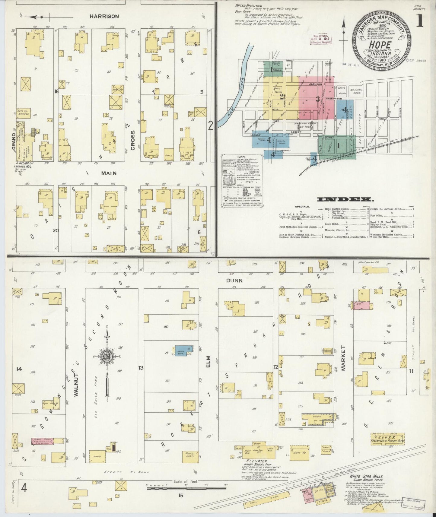 Sanborn Fire Insurance Map from Hope, Bartholomew County, Indiana (1910), Sheet #0001 - Historic Sanborn Fire Insurance Map Print, vintage old map wall art, antique decor, genealogy gift, Indiana Indiana map