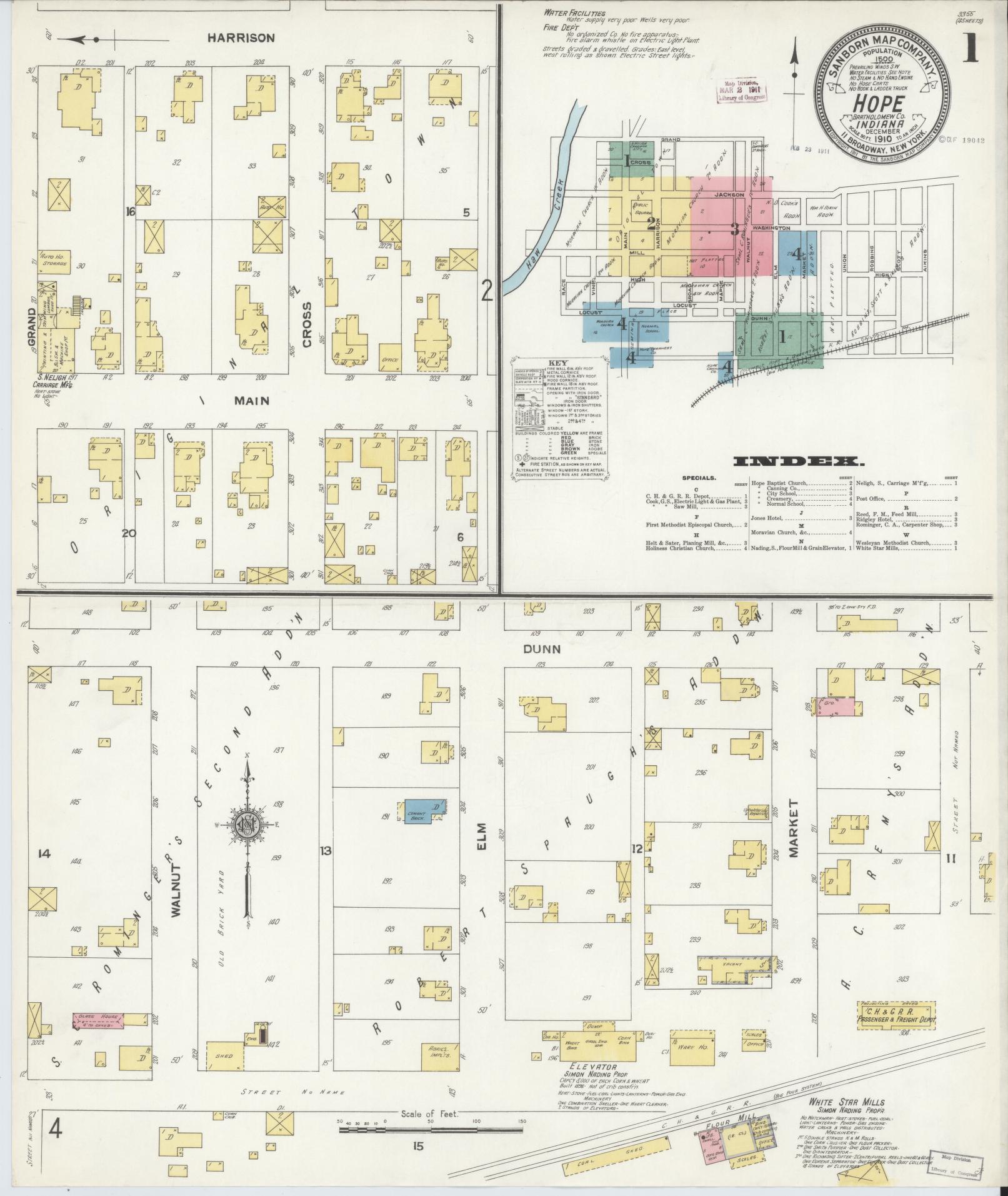 Sanborn Fire Insurance Map from Hope, Bartholomew County, Indiana (1910), Sheet #0001 - Historic Sanborn Fire Insurance Map Print, vintage old map wall art, antique decor, genealogy gift, Indiana Indiana map