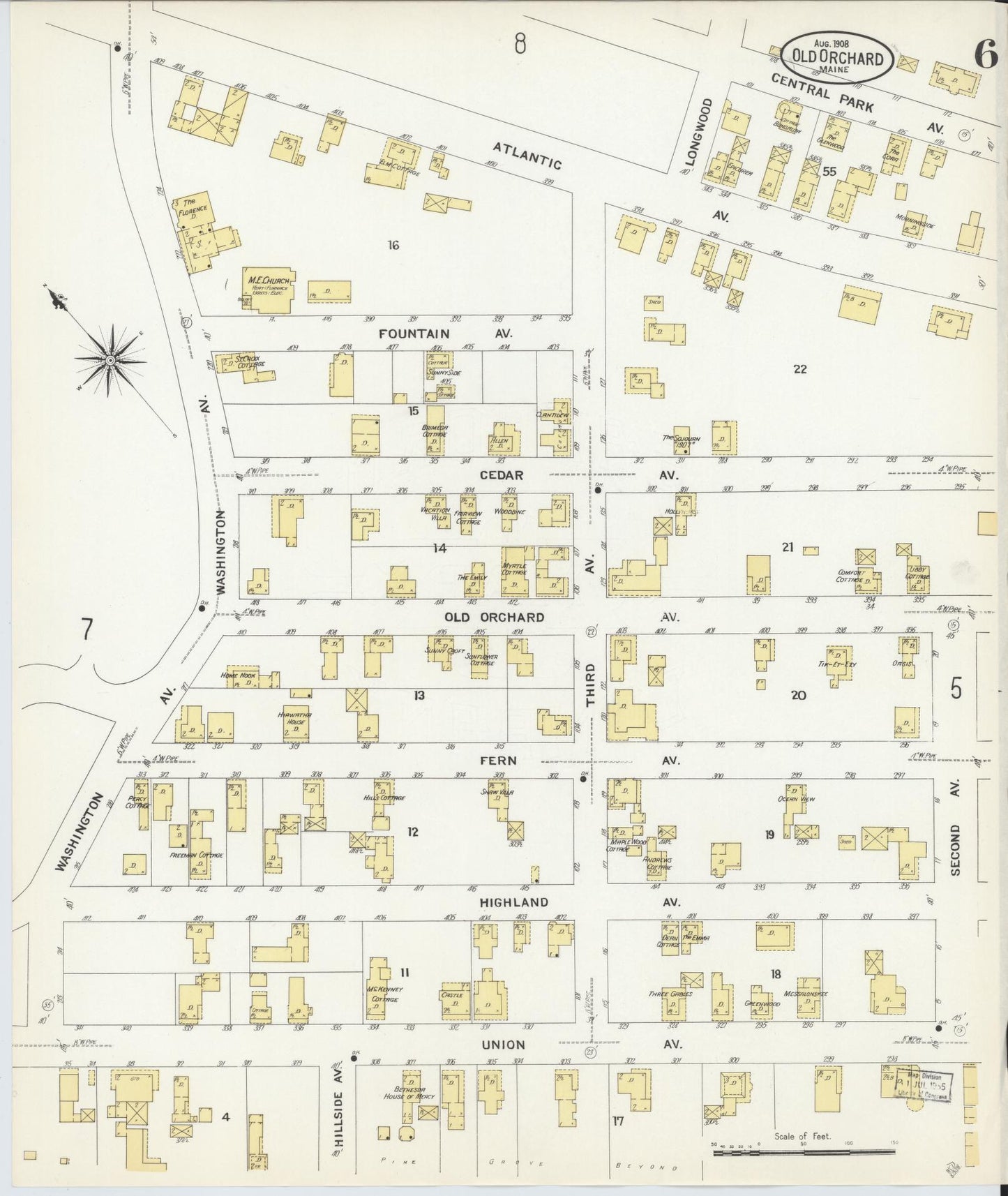 Sanborn Fire Insurance Map from Old Orchard, York County, Maine (1908), Sheet #0006 - Complete Map Set gallery image, historic Sanborn map, vintage wall art, Maine Maine