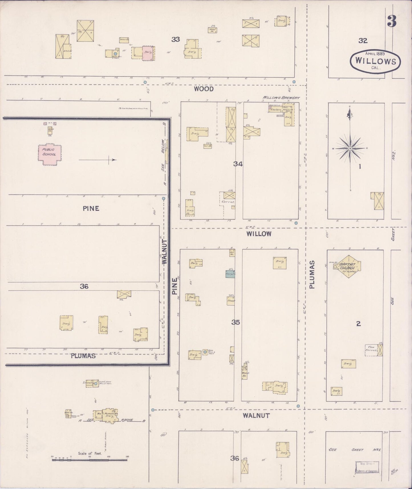 Sanborn Fire Insurance Map from Willows, Glenn County, California (1889), Sheet #0003 - Complete Map Set gallery image, historic Sanborn map, vintage wall art, California California