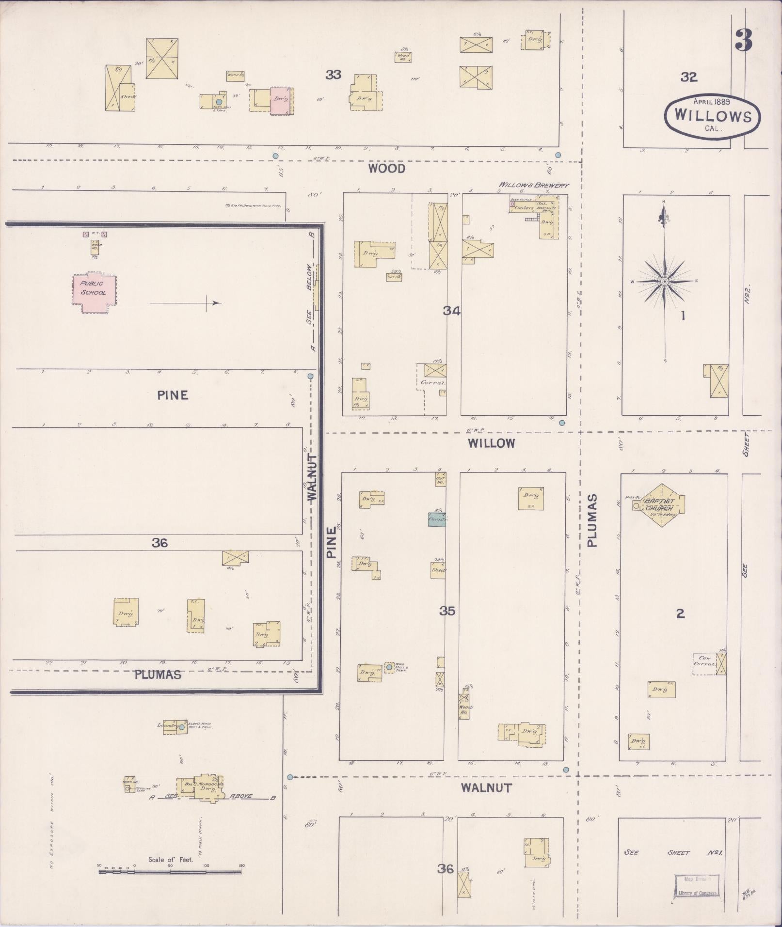 Sanborn Fire Insurance Map from Willows, Glenn County, California (1889), Sheet #0003 - Complete Map Set gallery image, historic Sanborn map, vintage wall art, California California