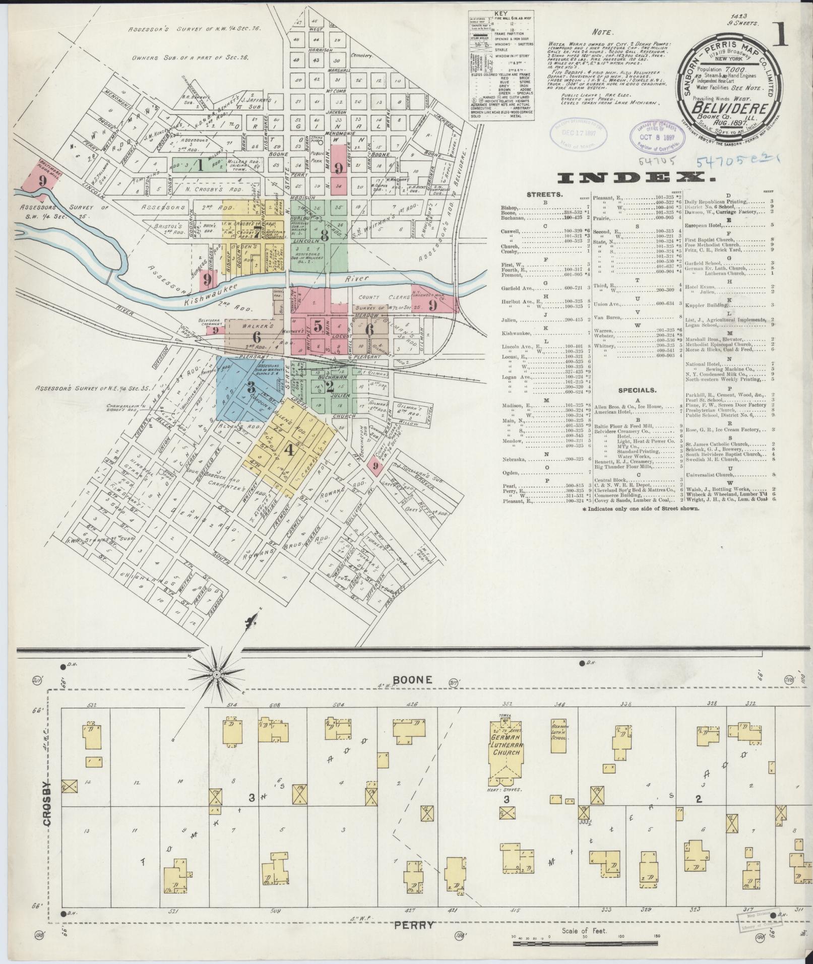 Sanborn Fire Insurance Map from Belvidere, Boone County, Illinois (1897), Sheet #0001 - Historic Sanborn Fire Insurance Map Print, vintage old map wall art, antique decor, genealogy gift, Illinois Illinois map