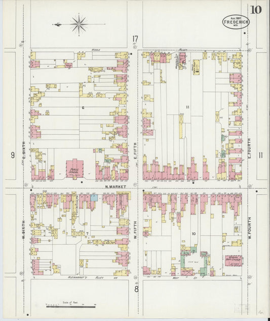 Frederick, Maryland - 1897 - Sanborn Fire Insurance Map, Sheet #0010 - Historic Sanborn Fire Insurance Map Print, Frederick Maryland 1897 0010 vintage old map wall art