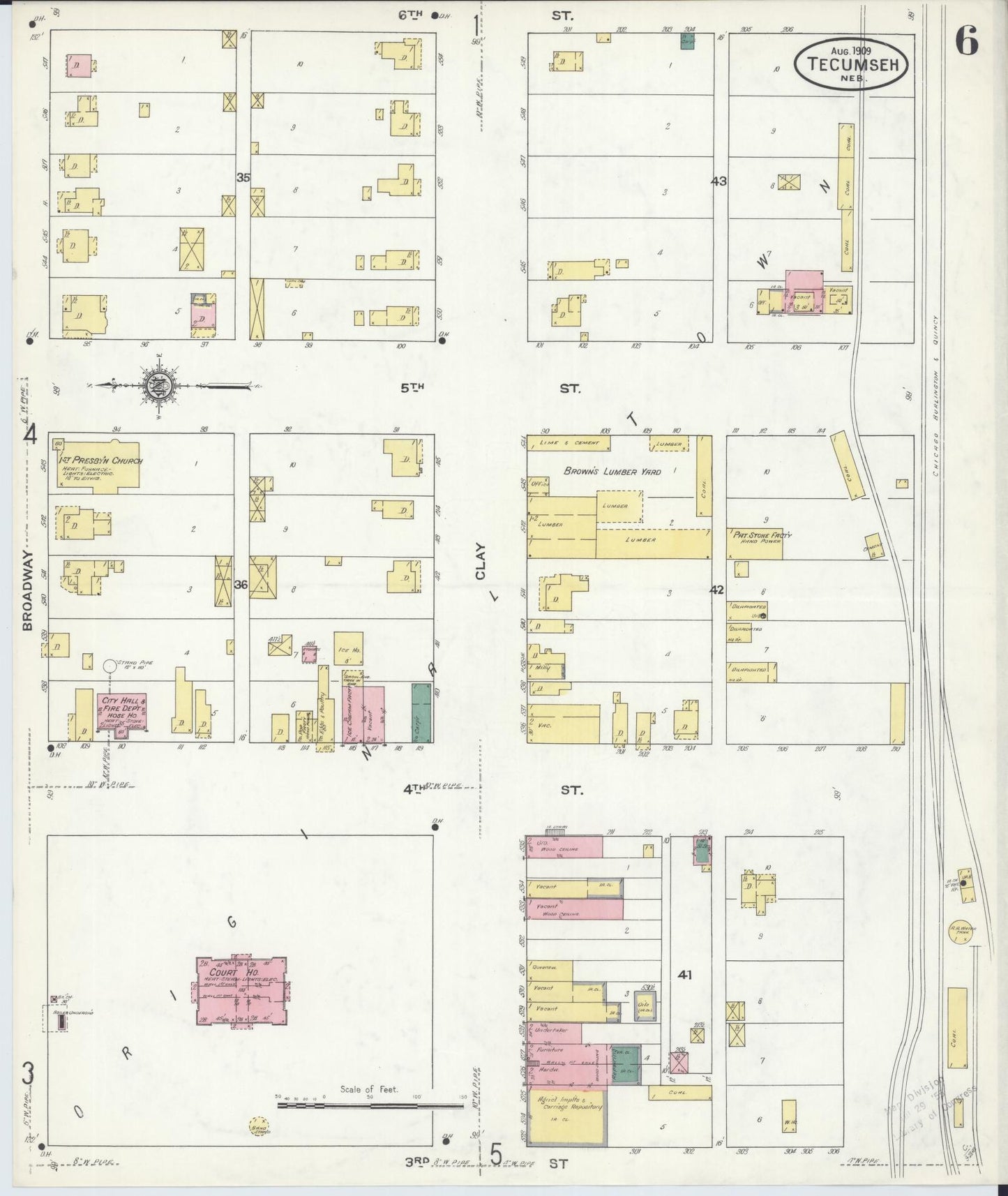 Sanborn Fire Insurance Map from Tecumseh, Johnson County, Nebraska (1909), Sheet #0006 - Historic Sanborn Fire Insurance Map Print, vintage old map wall art, antique decor, genealogy gift, Nebraska Nebraska map