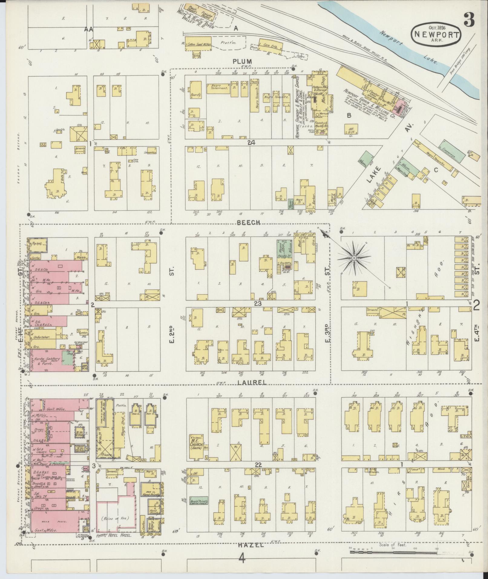 Sanborn Fire Insurance Map from Newport, Jackson County, Arkansas (1896), Sheet #0003 - Historic Sanborn Fire Insurance Map Print, vintage old map wall art, antique decor, genealogy gift, Arkansas Arkansas map