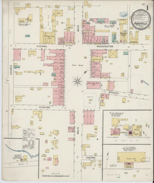 Sanborn Fire Insurance Map from Abbeville, Abbeville County, South Carolina (1894), Sheet #0001 - Complete Map Set gallery image, historic Sanborn map, vintage wall art, South Carolina South Carolina