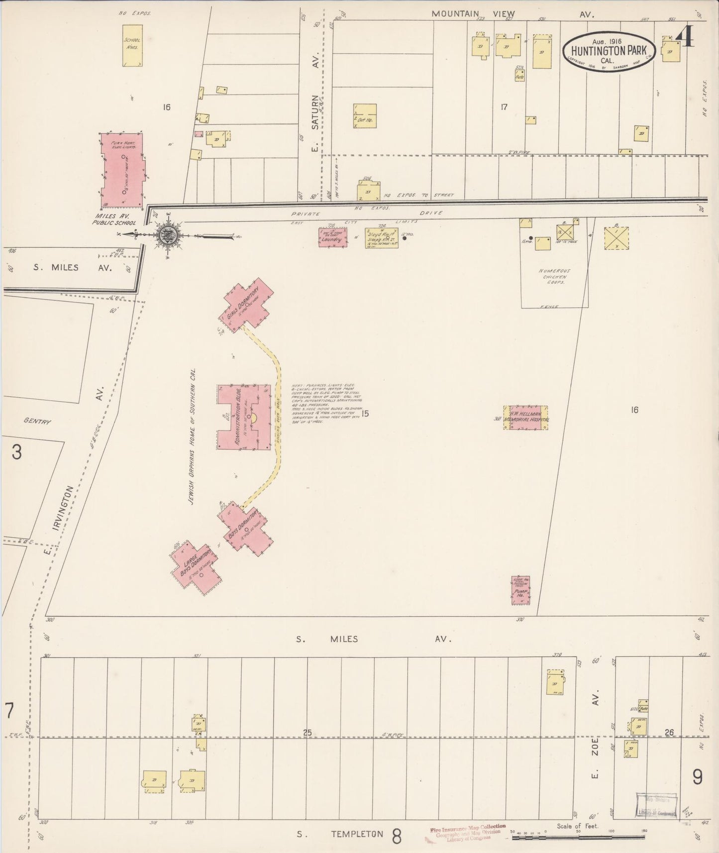 Sanborn Fire Insurance Map from Huntington Park, Los Angeles County, California (1916), Sheet #0004 - Historic Sanborn Fire Insurance Map Print, vintage old map wall art, antique decor, genealogy gift, California California map