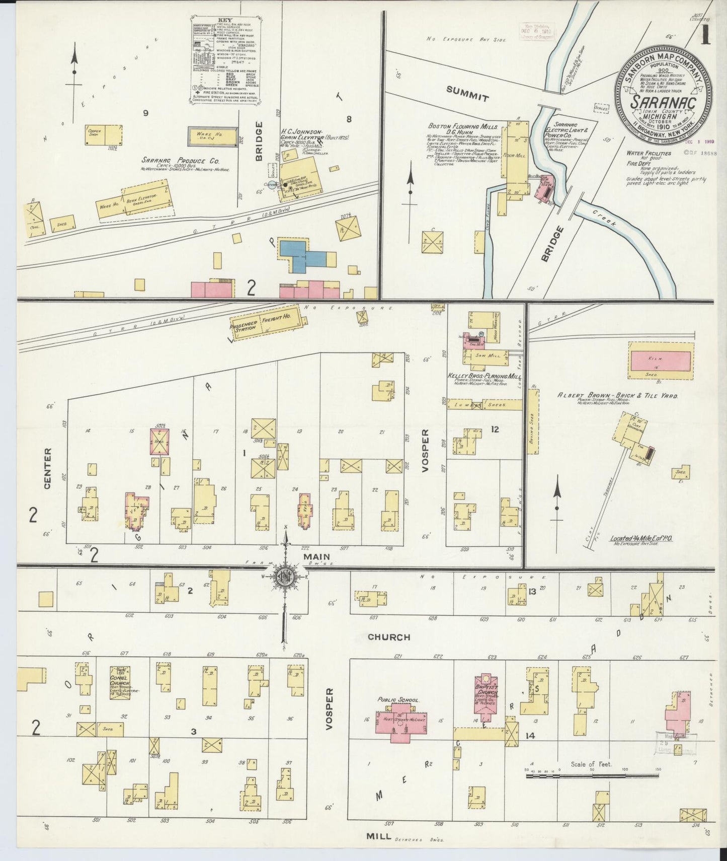 Sanborn Fire Insurance Map from Saranac, Ionia County, Michigan (1910), Sheet #0001 - Complete Map Set gallery image, historic Sanborn map, vintage wall art, Michigan Michigan