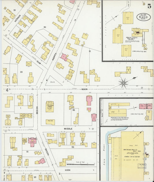 Sanborn Fire Insurance Map from Saco, York County, Maine (1901), Sheet #0005 - Historic Sanborn Fire Insurance Map Print, vintage old map wall art, antique decor, genealogy gift, Maine Maine map