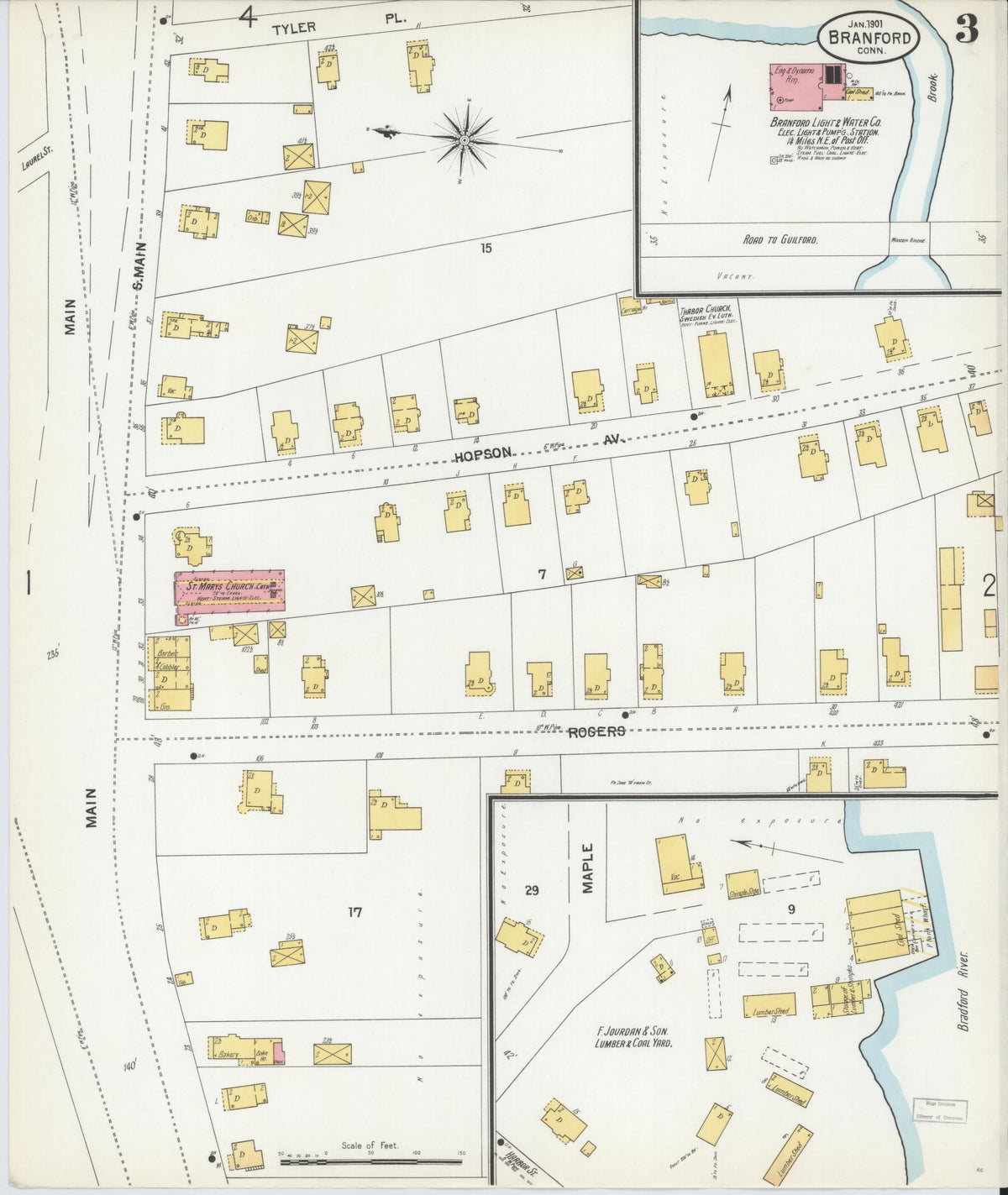 Sanborn Fire Insurance Map from Branford, New Haven County, Connecticut (1901), Sheet #0003 - Historic Sanborn Fire Insurance Map Print, vintage old map wall art, antique decor, genealogy gift, Connecticut Connecticut map