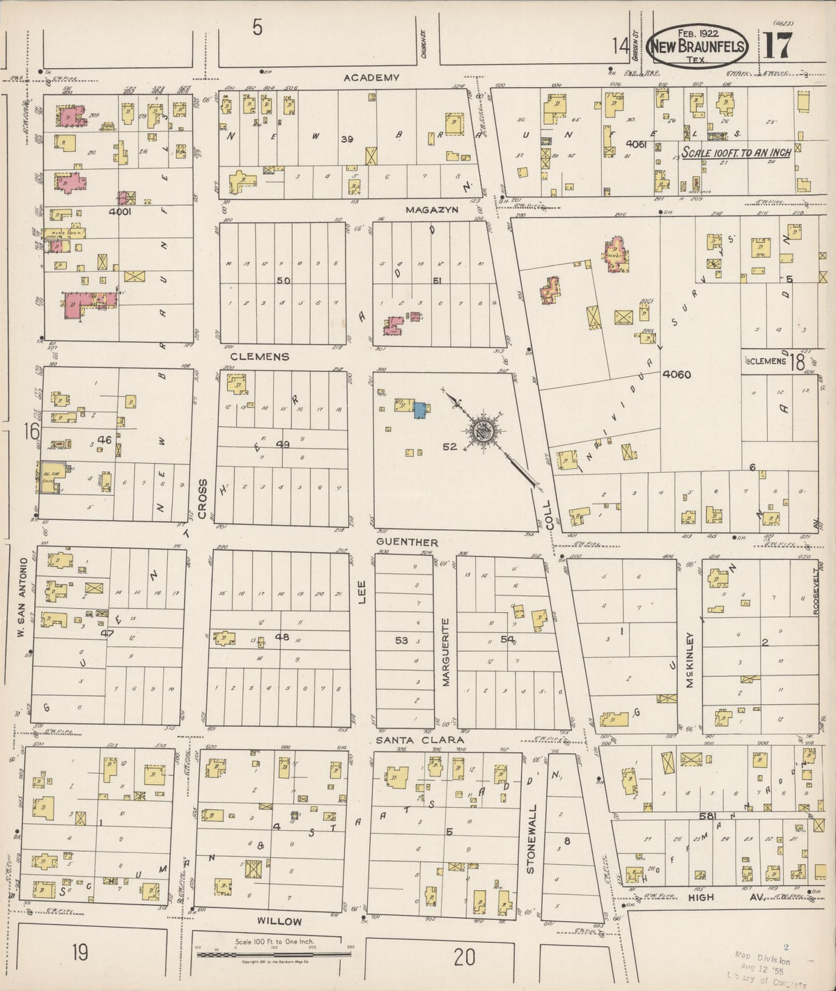 Sanborn Fire Insurance Map from New Braunfels, Comal County, Texas (1922), Sheet #0017 - Historic Sanborn Fire Insurance Map Print, vintage old map wall art, antique decor, genealogy gift, Texas Texas map