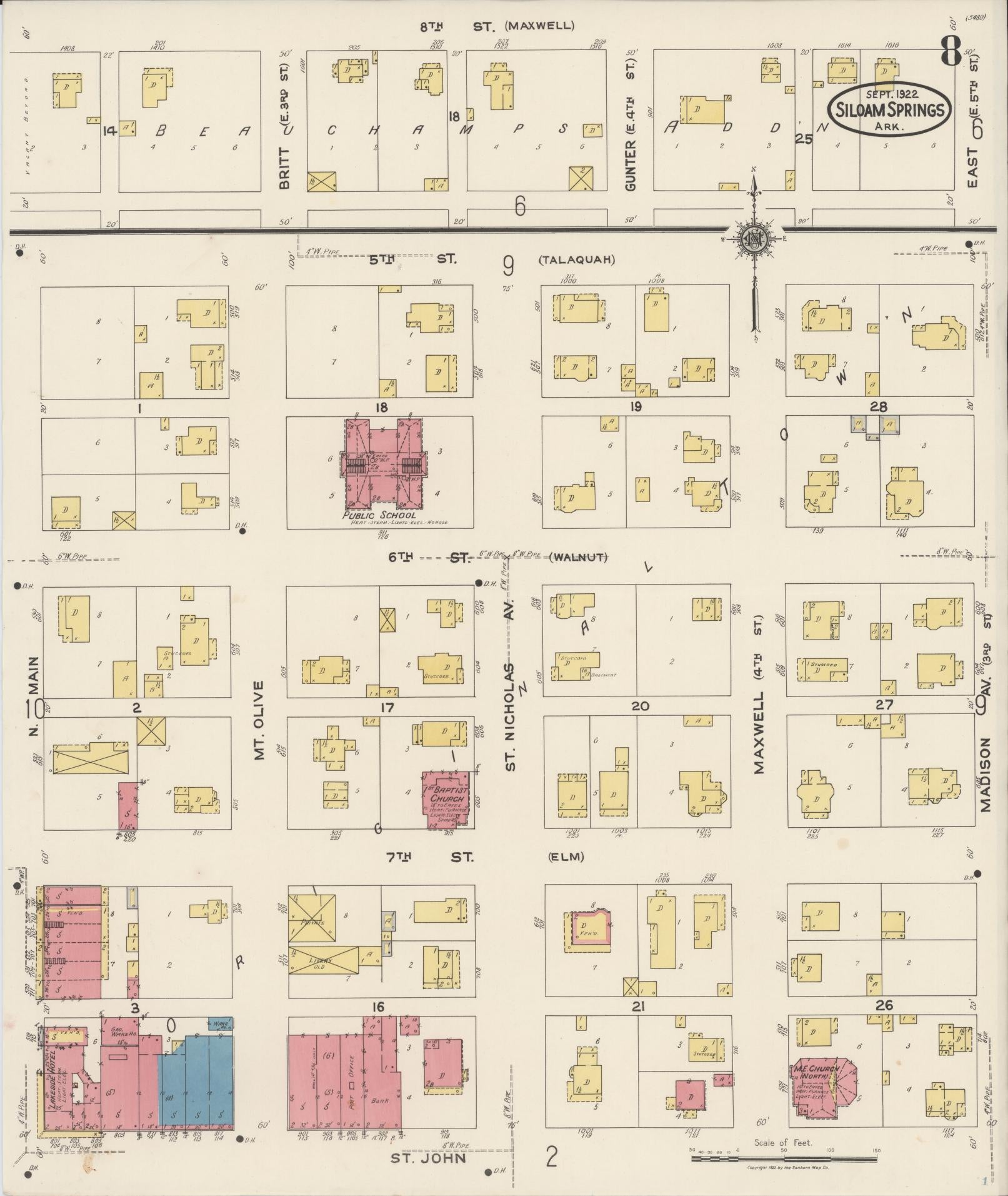 Sanborn Fire Insurance Map from Siloam Springs, Benton County, Arkansas (1922), Sheet #0008 - Historic Sanborn Fire Insurance Map Print, vintage old map wall art, antique decor, genealogy gift, Arkansas Arkansas map