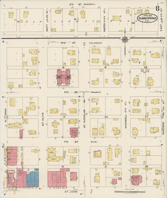 Sanborn Fire Insurance Map from Siloam Springs, Benton County, Arkansas (1922), Sheet #0008 - Historic Sanborn Fire Insurance Map Print, vintage old map wall art, antique decor, genealogy gift, Arkansas Arkansas map