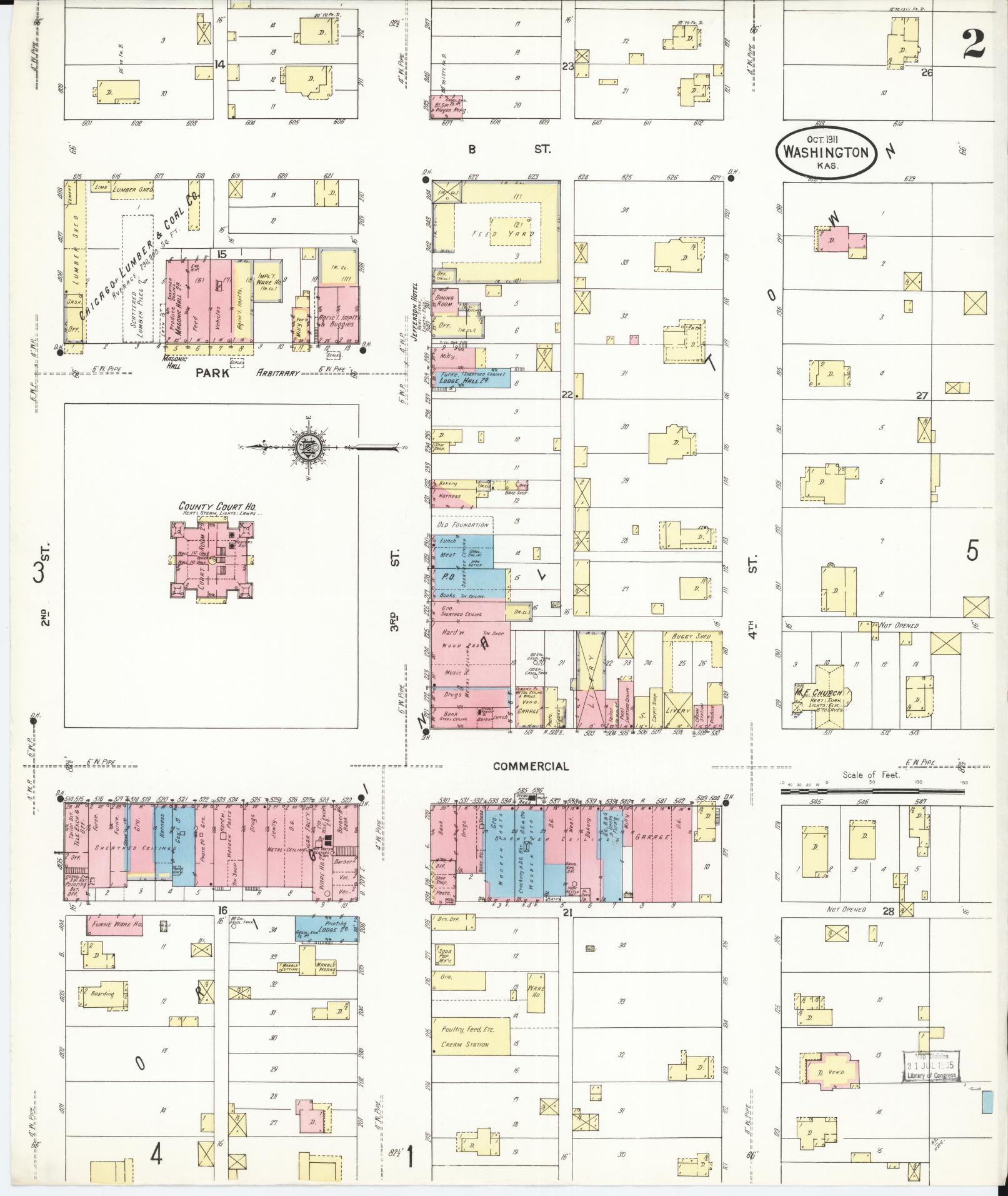 Sanborn Fire Insurance Map from Washington, Washington County, Kansas (1911), Sheet #0002 - Historic Sanborn Fire Insurance Map Print, vintage old map wall art, antique decor, genealogy gift, Sanborn Fire Insurance Map from Washington Washington map