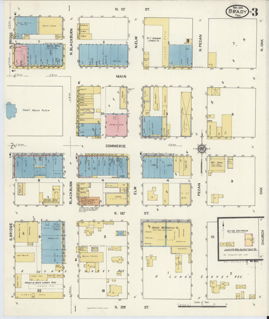 Sanborn Fire Insurance Map from Brady, McCulloch County, Texas (1916), Sheet #0003 - Historic Sanborn Fire Insurance Map Print, vintage old map wall art, antique decor, genealogy gift, Texas Texas map