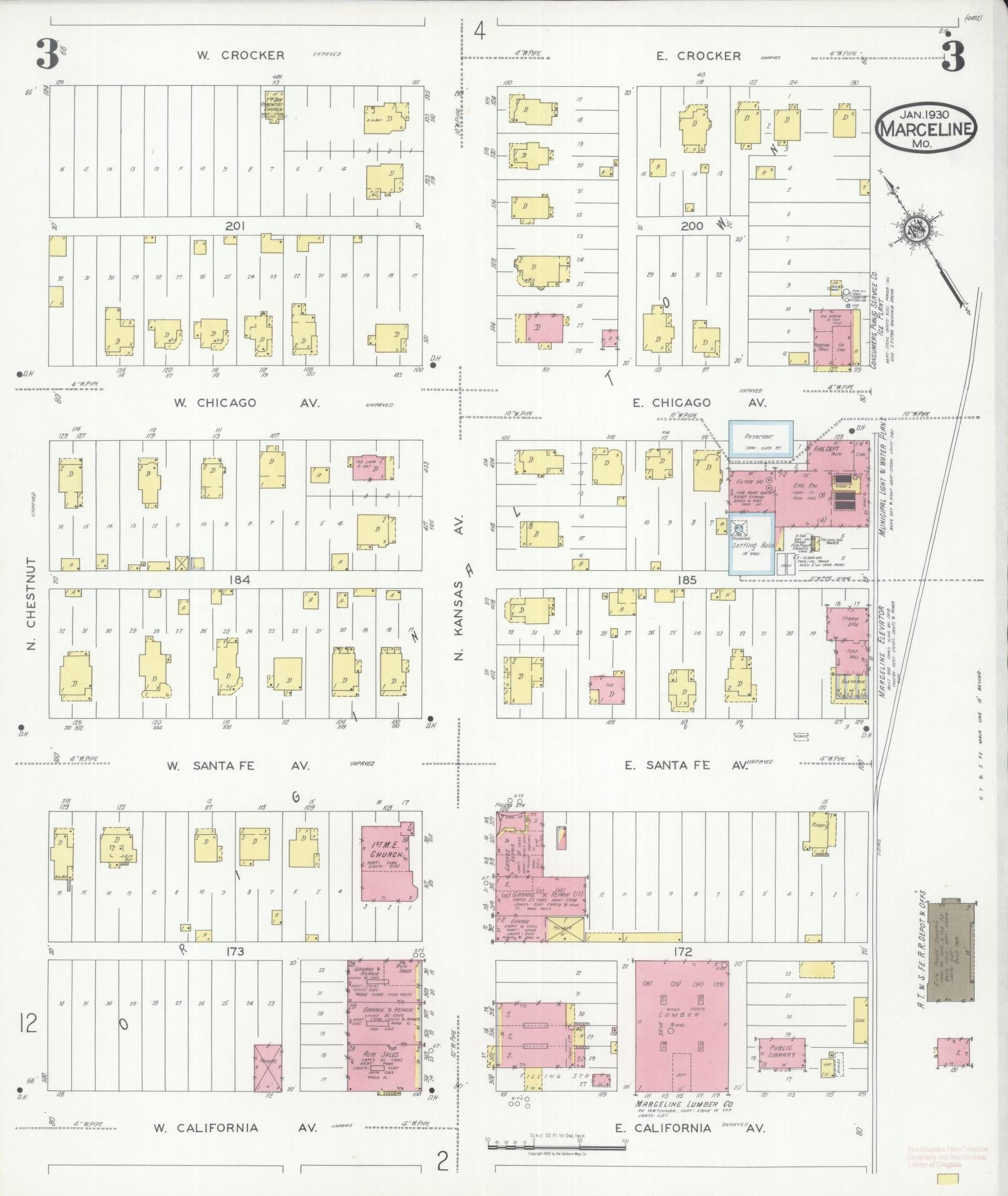 Sanborn Fire Insurance Map from Marceline, Linn County, Missouri (1930), Sheet #0003 - Historic Sanborn Fire Insurance Map Print, vintage old map wall art, antique decor, genealogy gift, Missouri Missouri map