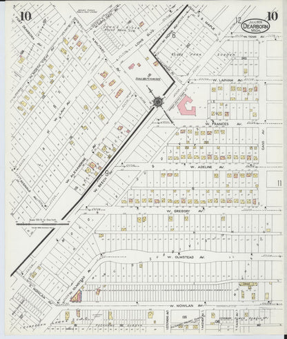 Sanborn Fire Insurance Map from Dearborn, Wayne County, Michigan (1924), Sheet #0010 - Complete Map Set gallery image, historic Sanborn map, vintage wall art, Michigan Michigan