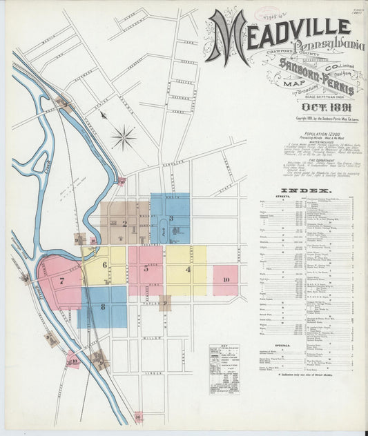 Sanborn Fire Insurance Map from Meadville, Crawford County, Pennsylvania (1891), Sheet #0001 - Historic Sanborn Fire Insurance Map Print, vintage old map wall art, antique decor, genealogy gift, Pennsylvania Pennsylvania map