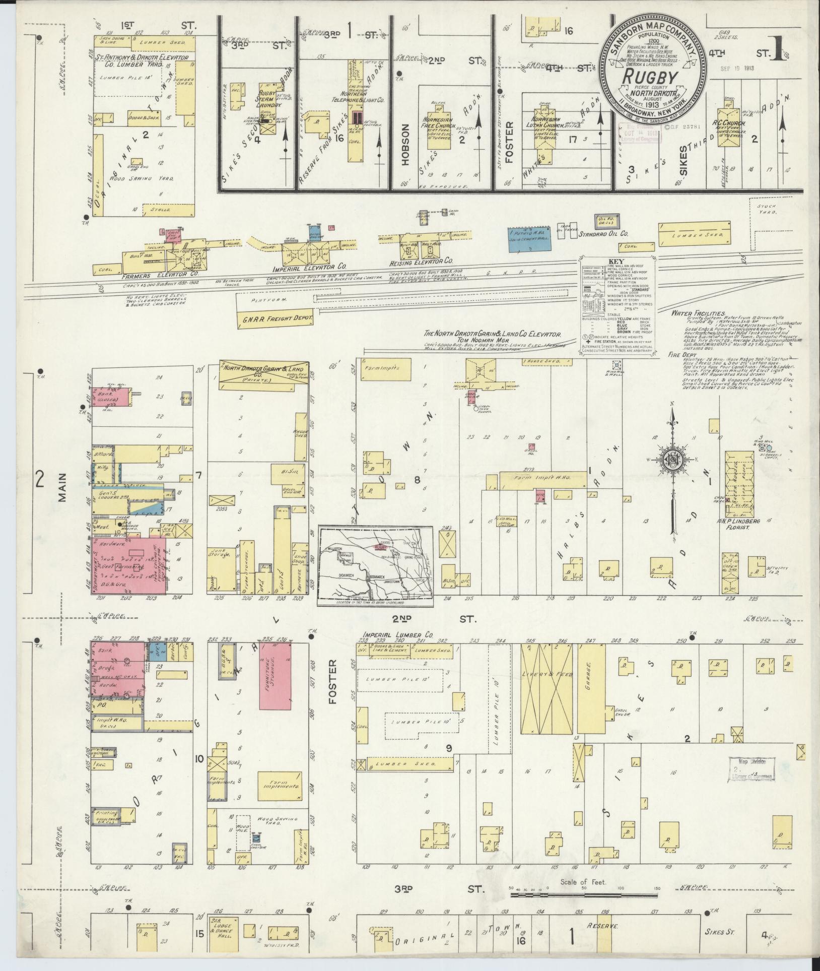 Sanborn Fire Insurance Map from Rugby, Pierce County, North Dakota (1913), Sheet #0001 - Complete Map Set gallery image, historic Sanborn map, vintage wall art, North Dakota North Dakota