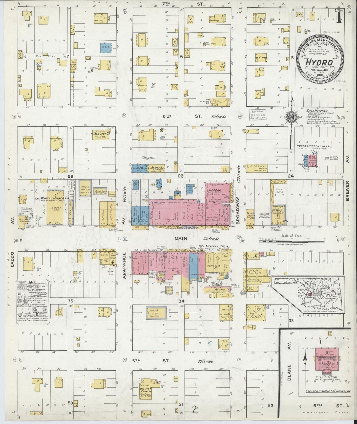 Sanborn Fire Insurance Map from Hydro, Caddo County, Oklahoma (1918), Sheet #0001 - Historic Sanborn Fire Insurance Map Print, vintage old map wall art, antique decor, genealogy gift, Oklahoma Oklahoma map