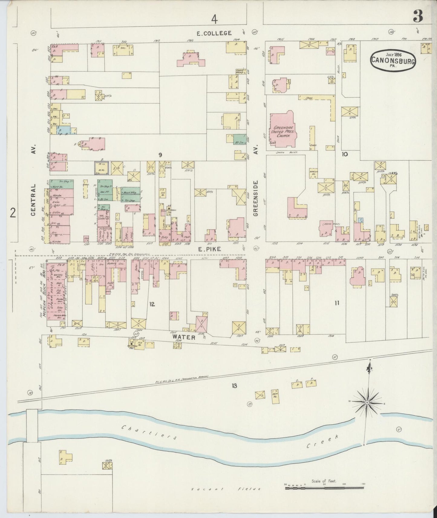 Sanborn Fire Insurance Map from Canonsburg, Washington County, Pennsylvania (1896), Sheet #0003 - Historic Sanborn Fire Insurance Map Print, vintage old map wall art, antique decor, genealogy gift, Pennsylvania Pennsylvania map