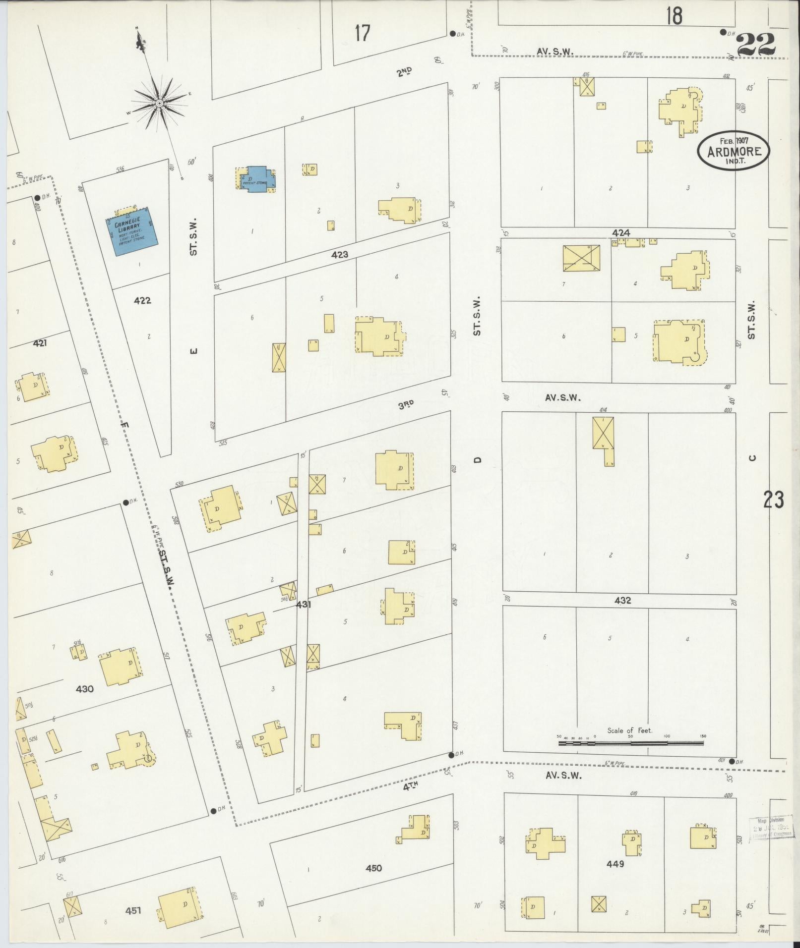 Sanborn Fire Insurance Map from Ardmore, Carter County, Oklahoma (1907), Sheet #0022 - Historic Sanborn Fire Insurance Map Print, vintage old map wall art, antique decor, genealogy gift, Oklahoma Oklahoma map