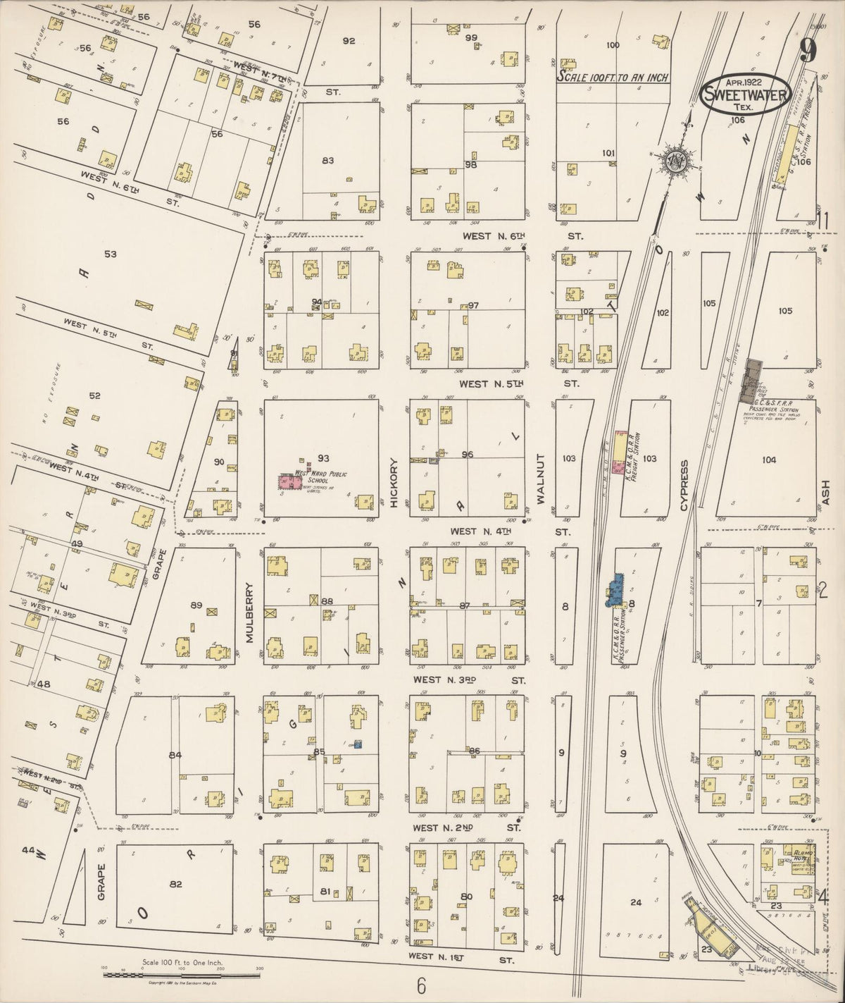 Sanborn Fire Insurance Map from Sweetwater, Nolan County, Texas (1922), Sheet #0009 - Complete Map Set gallery image, historic Sanborn map, vintage wall art, Texas Texas