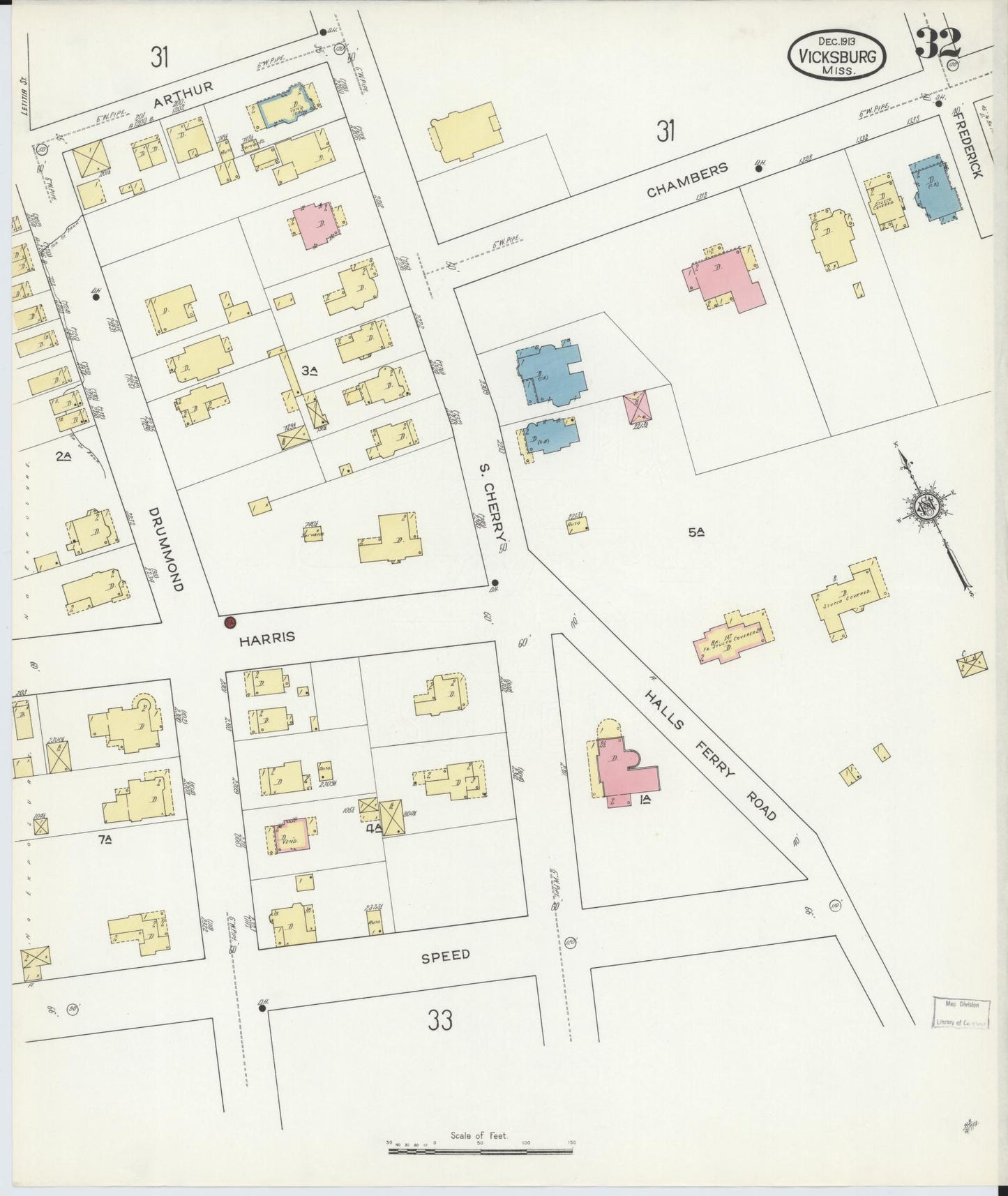 Sanborn Fire Insurance Map from Vicksburg, Warren County, Mississippi (1913), Sheet #0032 - Historic Sanborn Fire Insurance Map Print, vintage old map wall art, antique decor, genealogy gift, Mississippi Mississippi map