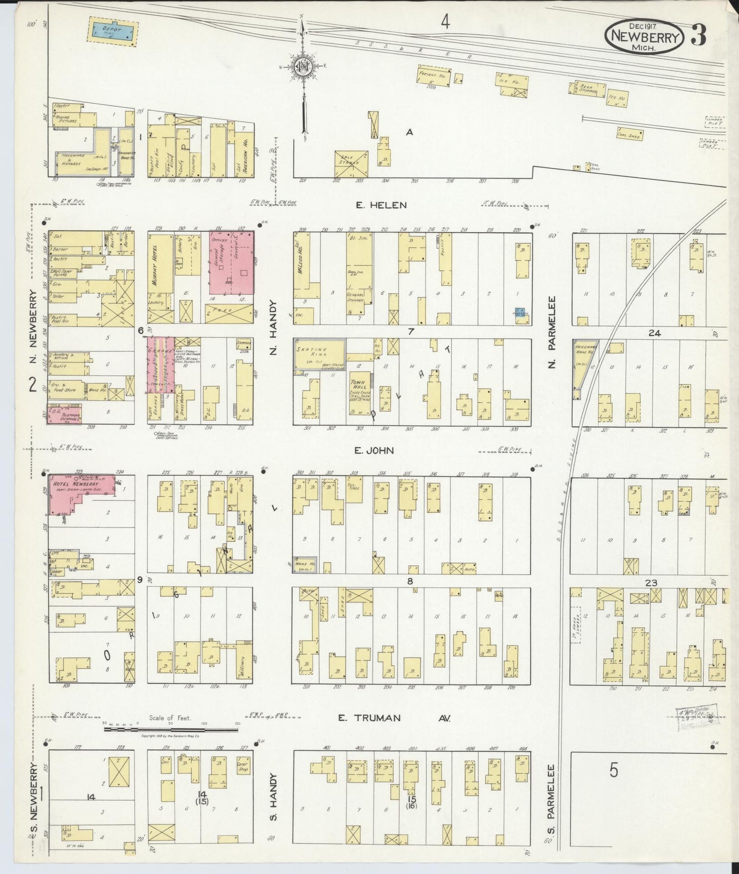 Sanborn Fire Insurance Map from Newberry, Luce County, Michigan (1917), Sheet #0003 - Historic Sanborn Fire Insurance Map Print, vintage old map wall art, antique decor, genealogy gift, Michigan Michigan map