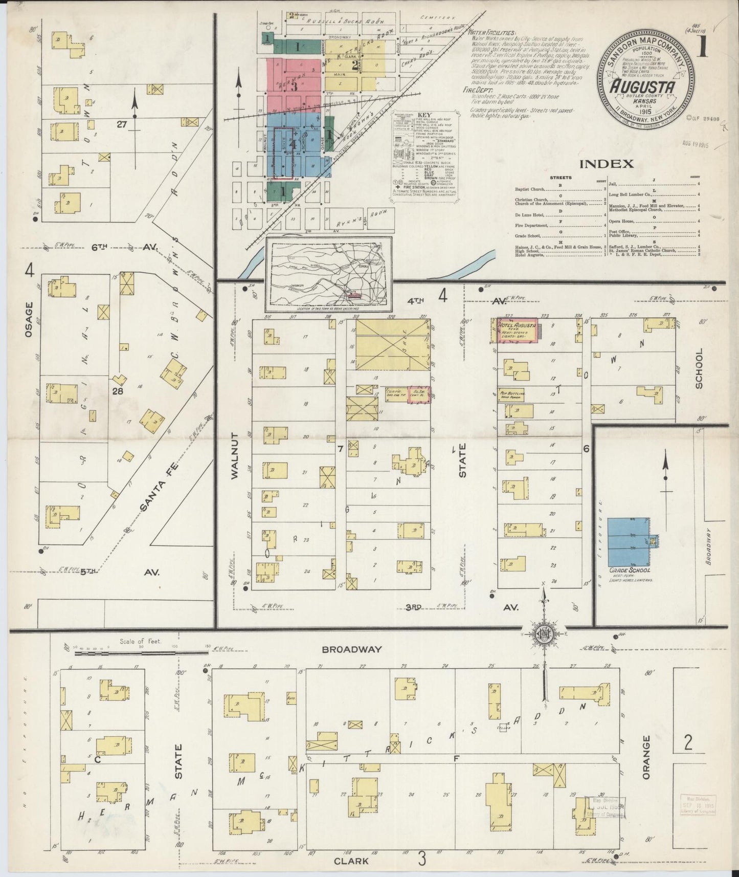 Sanborn Fire Insurance Map from Augusta, Butler County, Kansas (1915), Sheet #0001 - Historic Sanborn Fire Insurance Map Print, vintage old map wall art, antique decor, genealogy gift, Kansas Kansas map