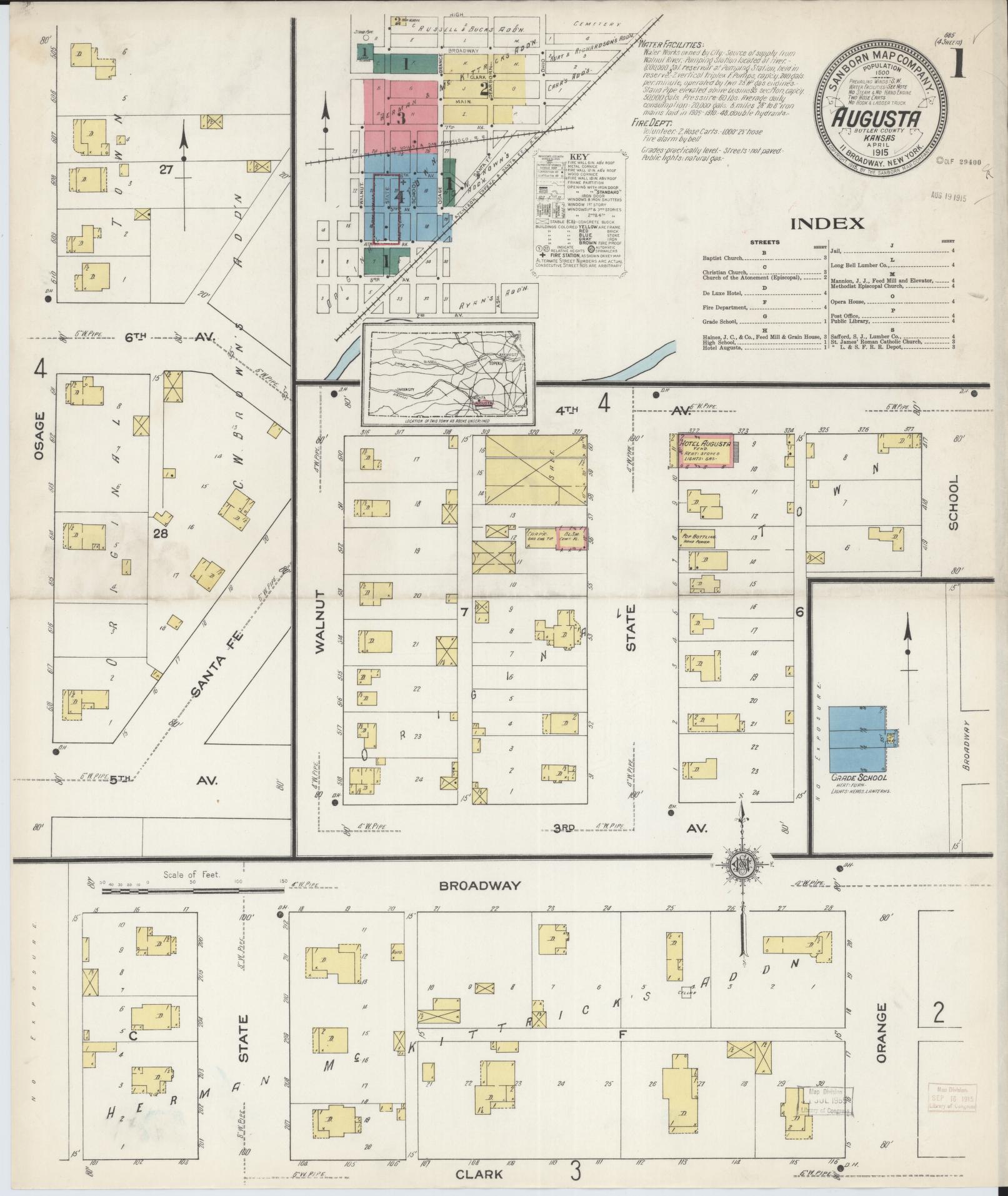 Sanborn Fire Insurance Map from Augusta, Butler County, Kansas (1915), Sheet #0001 - Historic Sanborn Fire Insurance Map Print, vintage old map wall art, antique decor, genealogy gift, Kansas Kansas map