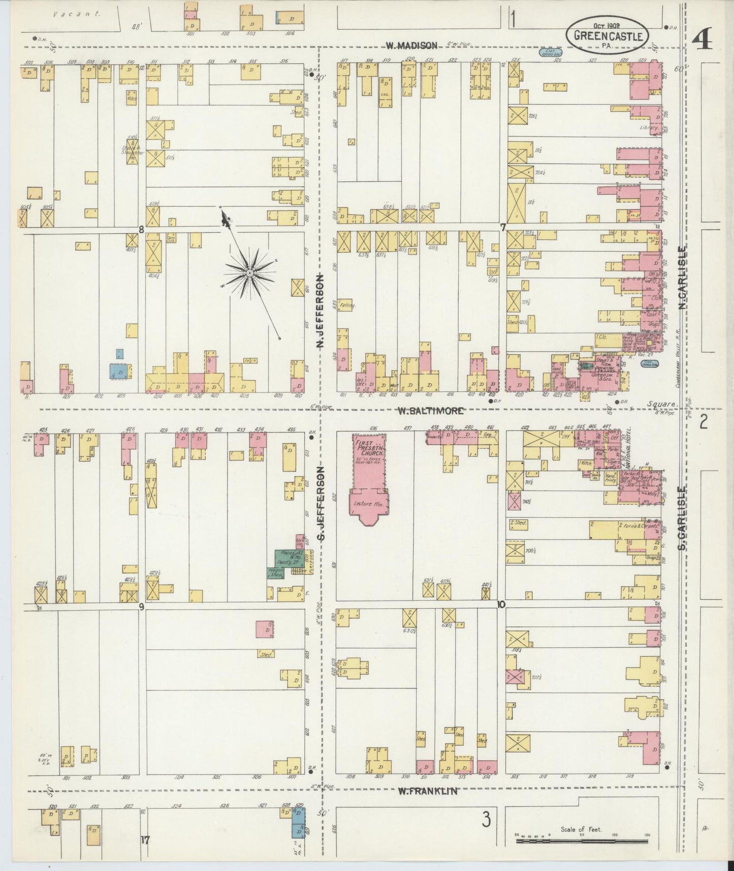 Sanborn Fire Insurance Map from Greencastle, Franklin County, Pennsylvania (1902), Sheet #0004 - Historic Sanborn Fire Insurance Map Print, vintage old map wall art, antique decor, genealogy gift, Pennsylvania Pennsylvania map