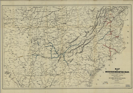 Map of United States military rail roads, showing the rail roads operated during the war from 1862-1866, as military lines Civil War Map (1866) - Historic Battlefield Map Reprint