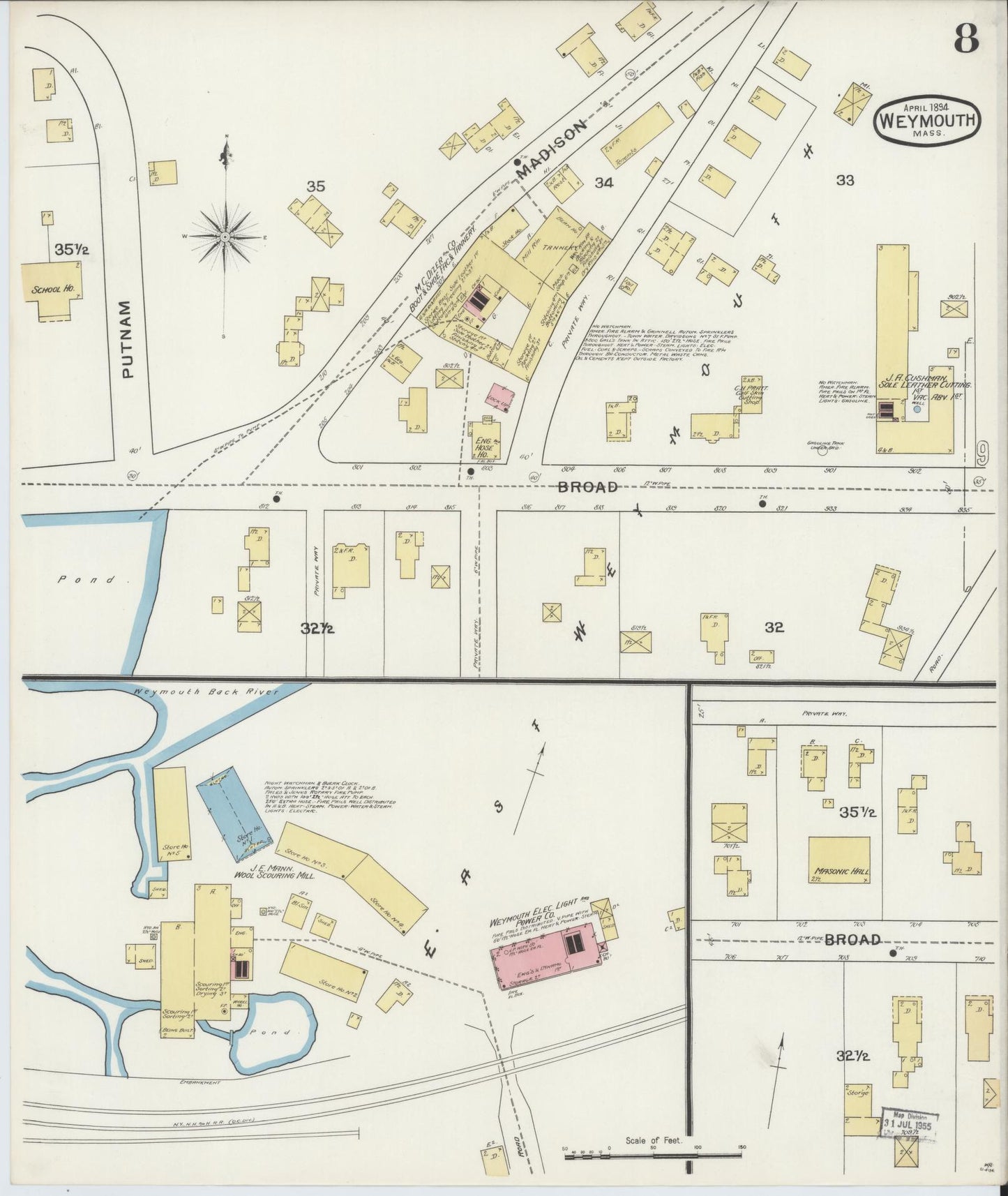 Sanborn Fire Insurance Map from Weymouth, Norfolk County, Massachusetts (1894), Sheet #0008 - Complete Map Set gallery image, historic Sanborn map, vintage wall art, Massachusetts Massachusetts