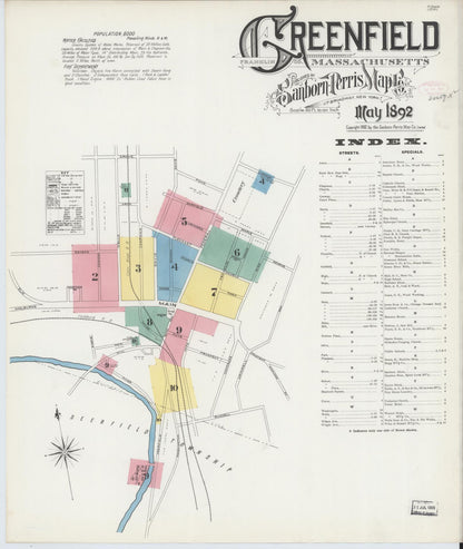 Sanborn Fire Insurance Map from Greenfield, Franklin County, Massachusetts (1892), Sheet #0001 - Historic Sanborn Fire Insurance Map Print, vintage old map wall art, antique decor, genealogy gift, Massachusetts Massachusetts map