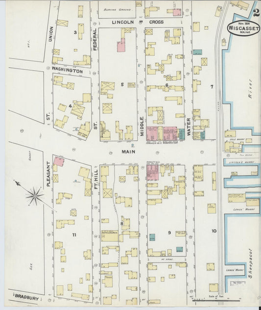 Sanborn Fire Insurance Map from Wiscasset, Lincoln County, Maine (1891), Sheet #0002 - Historic Sanborn Fire Insurance Map Print, vintage old map wall art, antique decor, genealogy gift, Maine Maine map