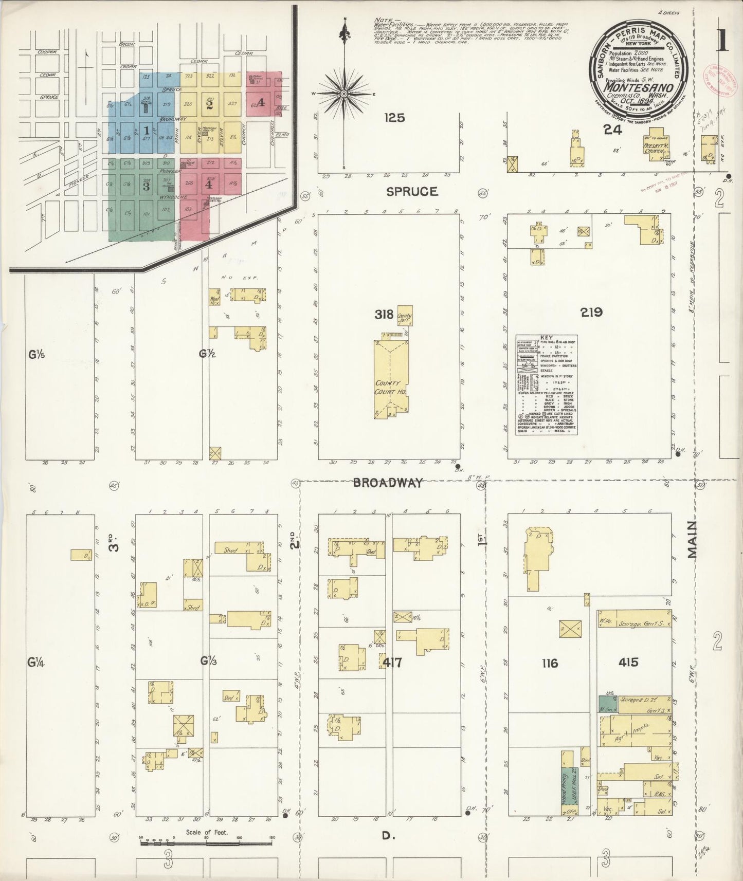 Sanborn Fire Insurance Map from Montesano, Grays Harbor County, Washington (1894), Sheet #0001 - Complete Map Set gallery image, historic Sanborn map, vintage wall art, Washington Washington