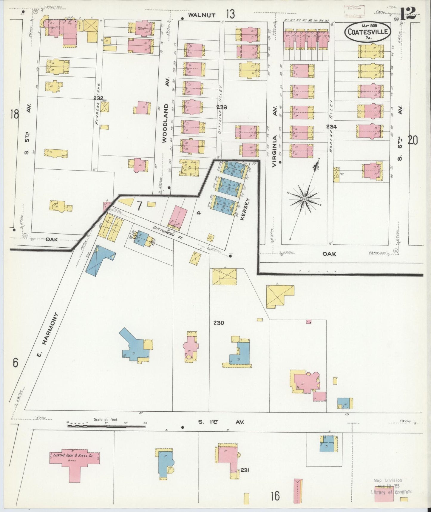 Sanborn Fire Insurance Map from Coatesville, Chester County, Pennsylvania (1909), Sheet #0012 - Historic Sanborn Fire Insurance Map Print, vintage old map wall art, antique decor, genealogy gift, Pennsylvania Pennsylvania map