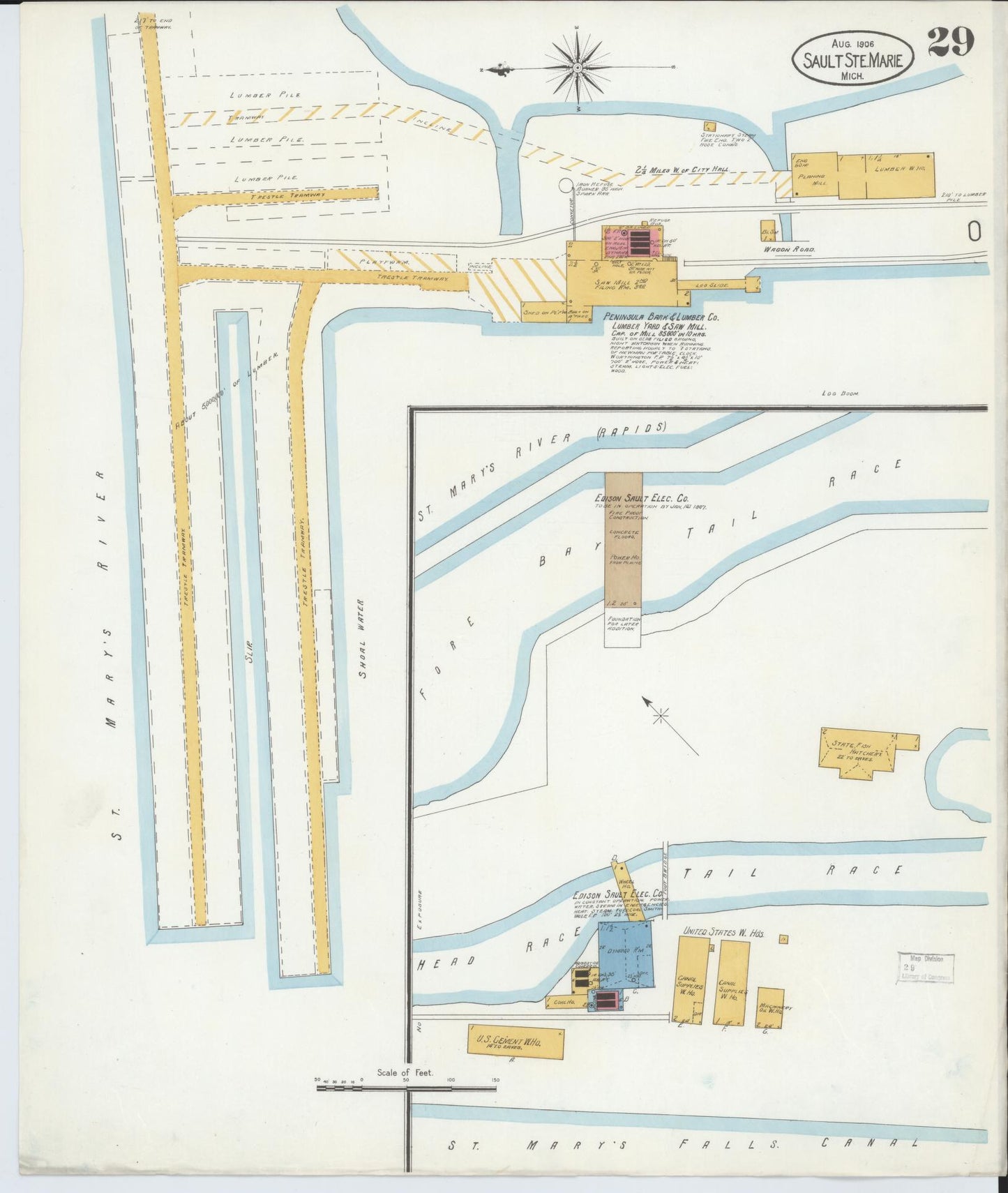 Sanborn Fire Insurance Map from Sault Sainte Marie, Chippewa County, Michigan (1906), Sheet #0029 - Historic Sanborn Fire Insurance Map Print, vintage old map wall art, antique decor, genealogy gift, Michigan Michigan map