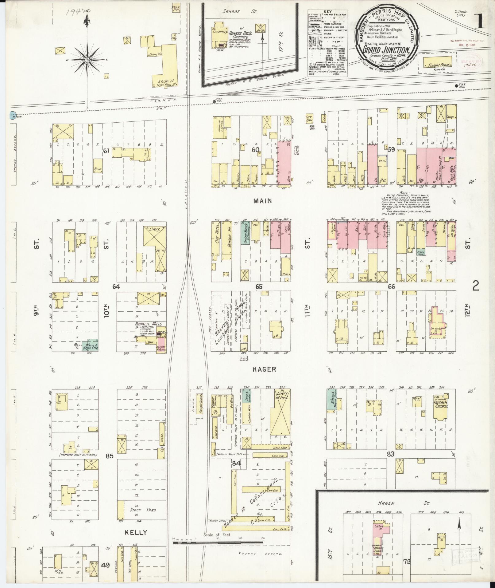 Sanborn Fire Insurance Map from Grand Junction, Greene County, Iowa (1896), Sheet #0001 - Historic Sanborn Fire Insurance Map Print, vintage old map wall art