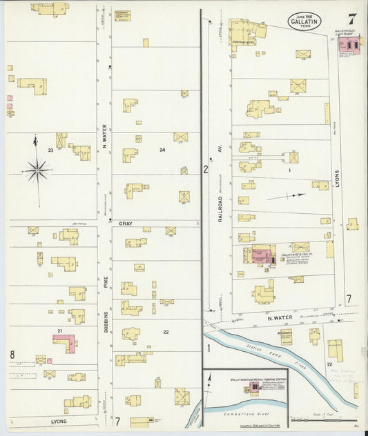 Sanborn Fire Insurance Map from Gallatin, Sumner County, Tennessee (1908), Sheet #0007 - Historic Sanborn Fire Insurance Map Print, vintage old map wall art, antique decor, genealogy gift, Tennessee Tennessee map