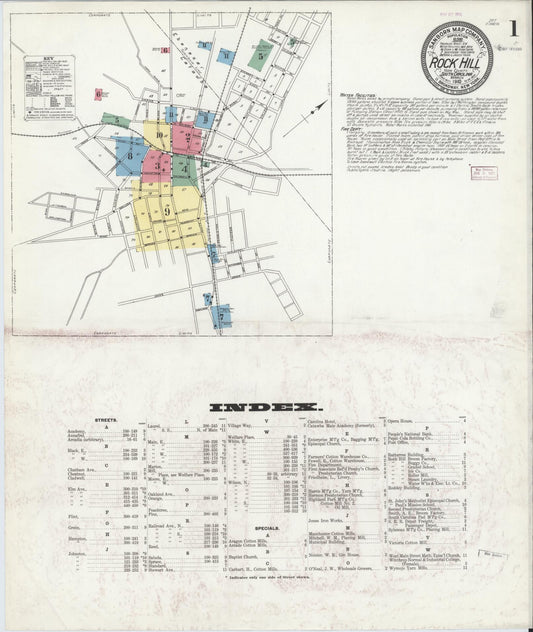 Sanborn Fire Insurance Map from Rock Hill, York County, South Carolina (1910), Sheet #0001 - Complete Map Set gallery image, historic Sanborn map, vintage wall art, South Carolina South Carolina