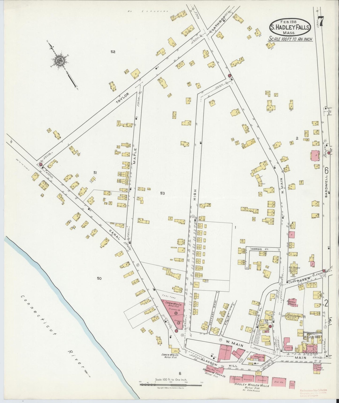 Sanborn Fire Insurance Map from South Hadley Falls, Hampshire County, Massachusetts (1918), Sheet #0007 - Historic Sanborn Fire Insurance Map Print, vintage old map wall art, antique decor, genealogy gift, Massachusetts Massachusetts map