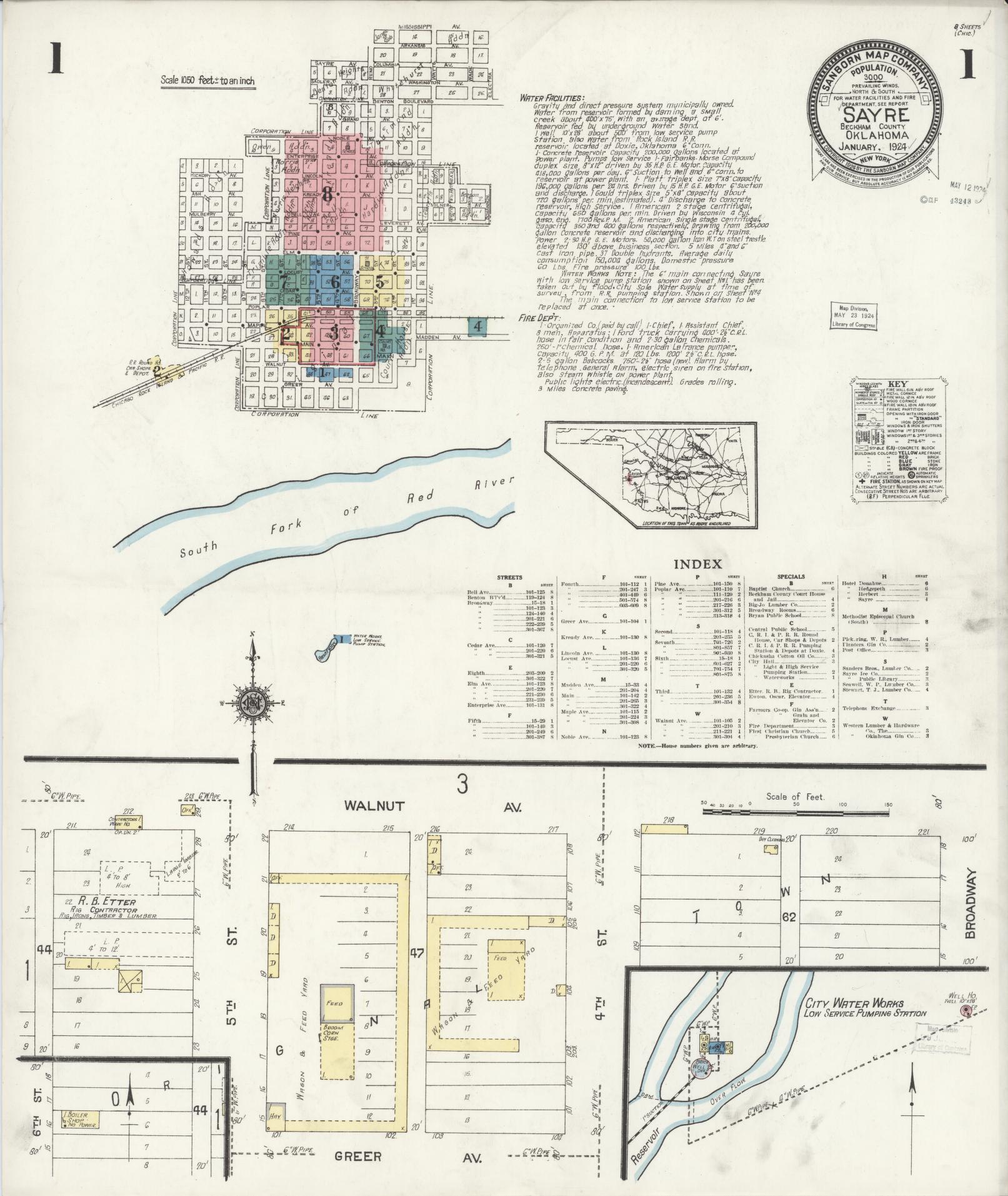 Sanborn Fire Insurance Map from Sayre, Beckham County, Oklahoma (1924), Sheet #0001 - Historic Sanborn Fire Insurance Map Print, vintage old map wall art, antique decor, genealogy gift, Oklahoma Oklahoma map