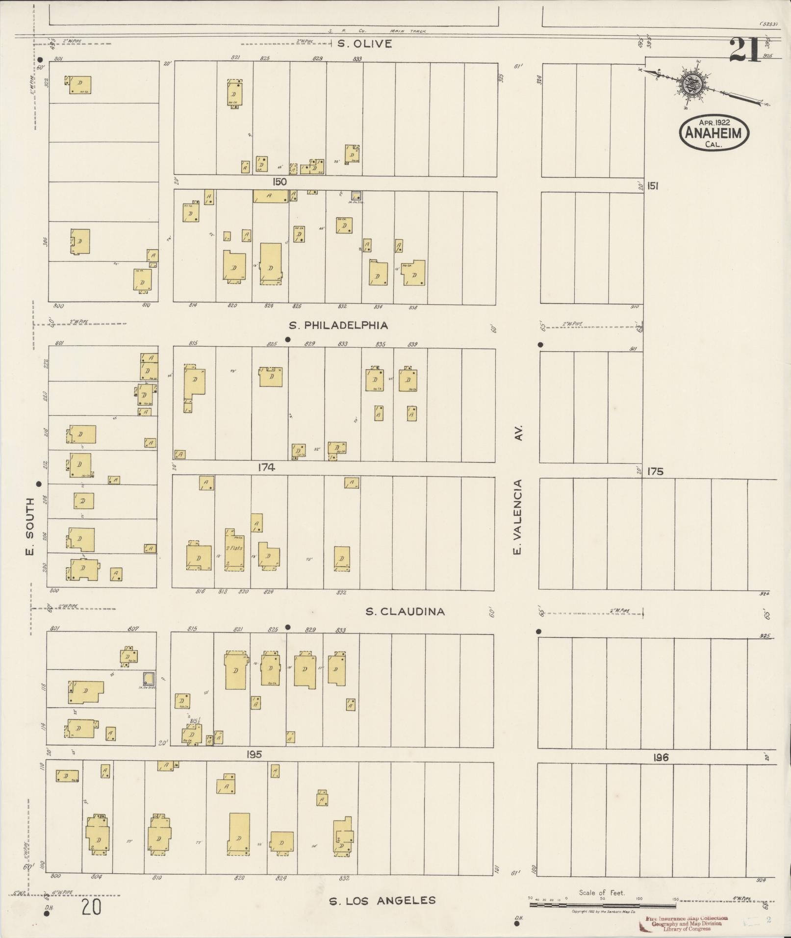 Sanborn Fire Insurance Map from Anaheim, Orange County, California (1922), Sheet #0021 - Historic Sanborn Fire Insurance Map Print, vintage old map wall art, antique decor, genealogy gift, California California map