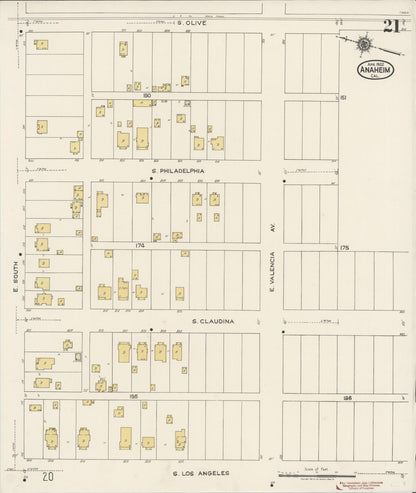 Sanborn Fire Insurance Map from Anaheim, Orange County, California (1922), Sheet #0021 - Historic Sanborn Fire Insurance Map Print, vintage old map wall art, antique decor, genealogy gift, California California map