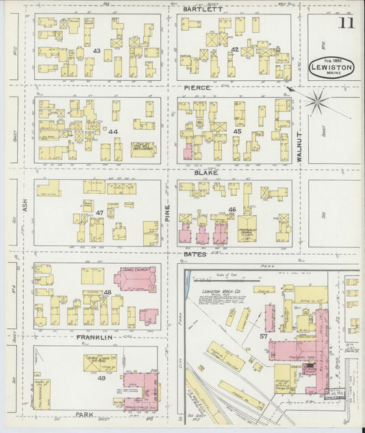 Sanborn Fire Insurance Map from Lewiston, Androscoggin County, Maine (1892), Sheet #0011 - Historic Sanborn Fire Insurance Map Print, vintage old map wall art, antique decor, genealogy gift, Maine Maine map