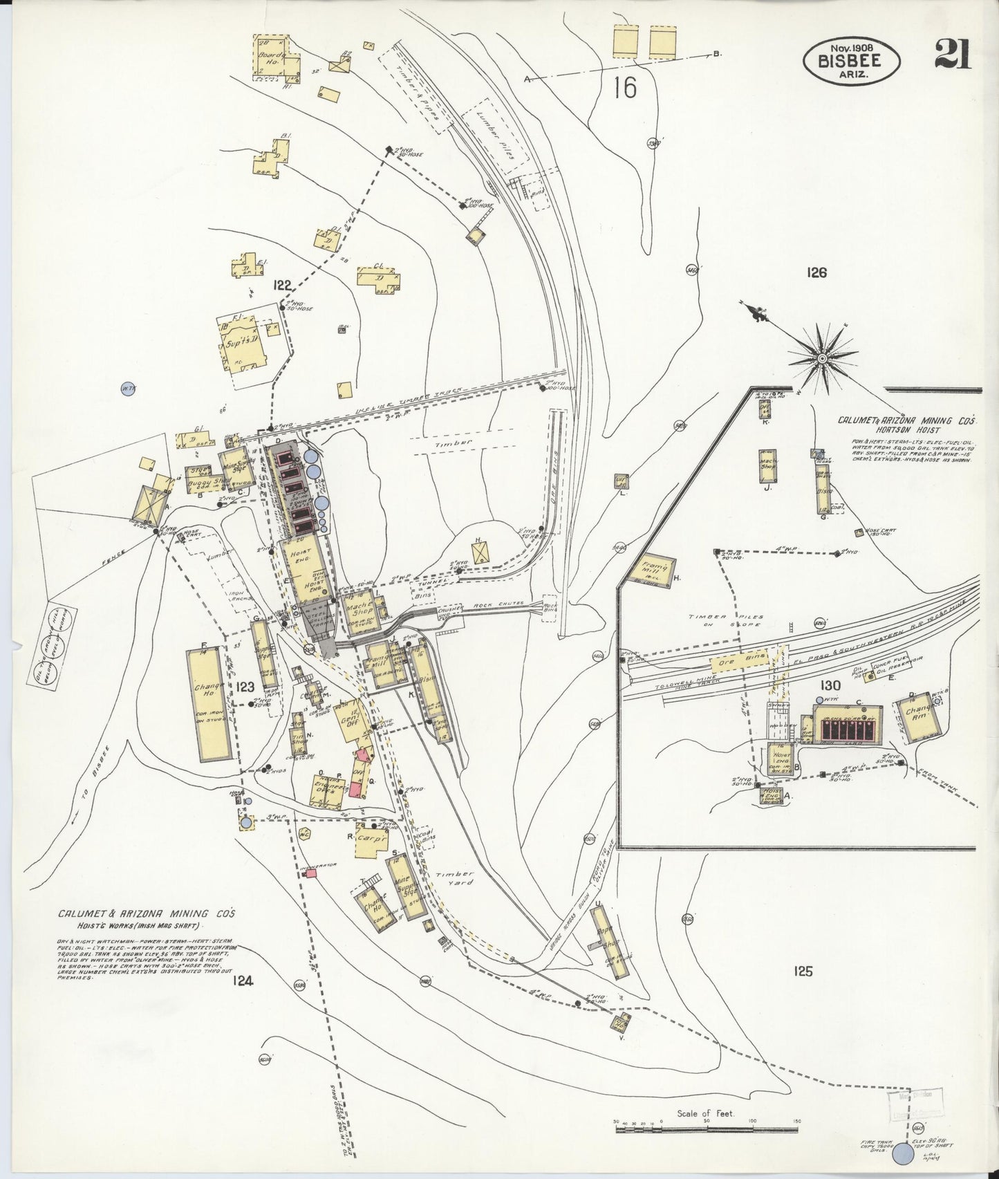 Sanborn Fire Insurance Map from Bisbee, Cochise County, Arizona (1908), Sheet #0021 - Complete Map Set gallery image, historic Sanborn map, vintage wall art, Arizona Arizona